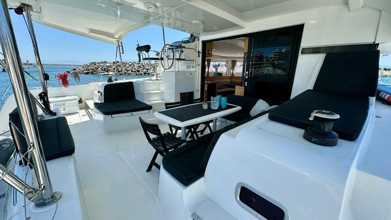 Sunset run home aboard the luxury catamaran