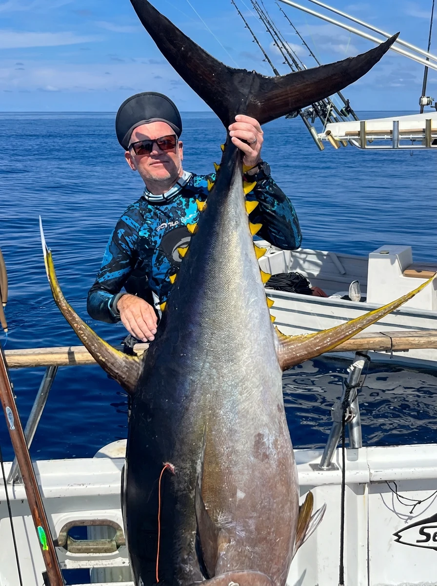 Spearfisher holding a large yellowfin tuna aboard the boat